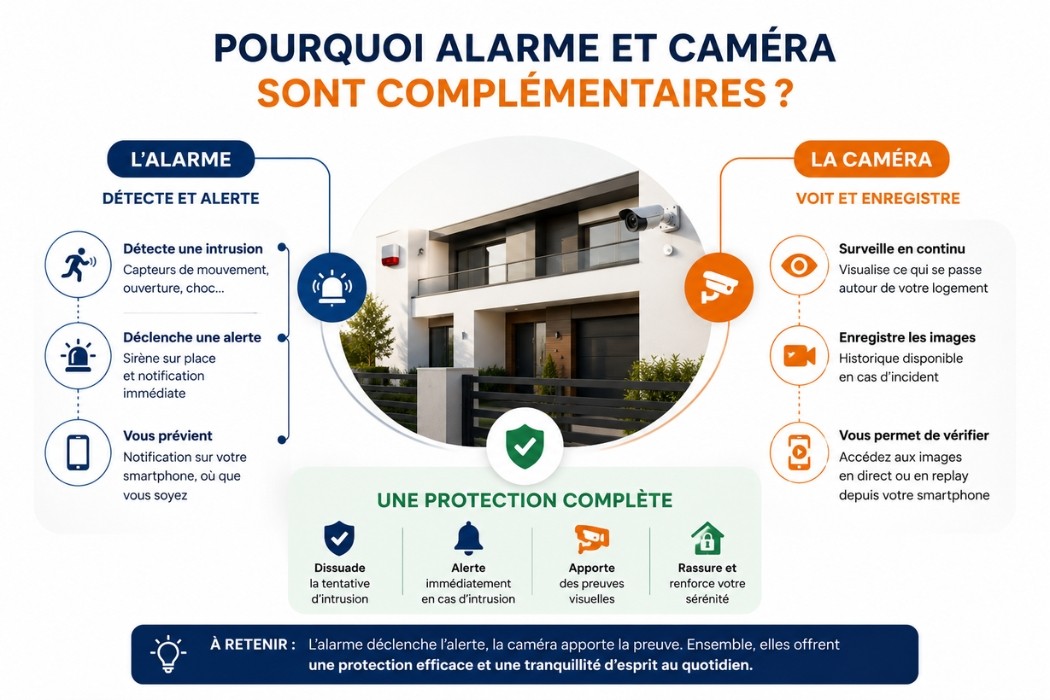 Schéma montrant comment une alarme et une caméra de surveillance se complètent pour protéger efficacement un logement.